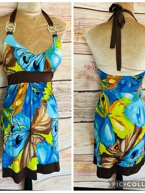 Janice Women’s Y2K Colorful Butterfly Print Halter Neck Sleeveless Dress